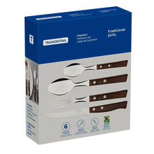 Carregar imagem no visualizador da galeria, Faqueiro Tramontina Tradicional Aço Inox e Madeira Natural Garfo Faca Colher 24 Peças