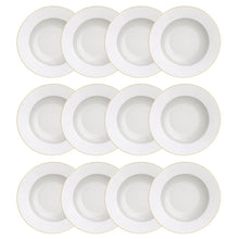 Carregar imagem no visualizador da galeria, Kit 12 Pratos Fundos Branco Borda Dourada Porcelana Elisa 23cm Filetado Tramontina