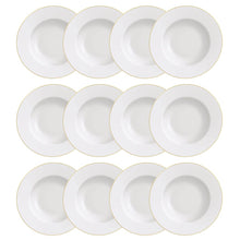 Carregar imagem no visualizador da galeria, Kit 12 Pratos Rasos Jantar Branco Borda Dourada Porcelana 28cm Elisa Tramontina Aba Larga