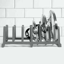 Carregar imagem no visualizador da galeria, Kit Porta Tampas de Panela Chumbo e Organizador de Armários Prateleira Empilhável Branco Plástico OU