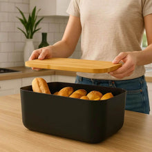 Carregar imagem no visualizador da galeria, Conjunto Tábua Migalheira e Porta Pães com Tampa Bambu Preto Organizador Bolos Biscoitos Ou