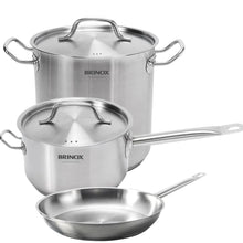 Carregar imagem no visualizador da galeria, Jogo de Panelas Profissionais Inox Fundo Triplo Brinox 3 Peças 24cm Frigideira Caldeirão Caçarola