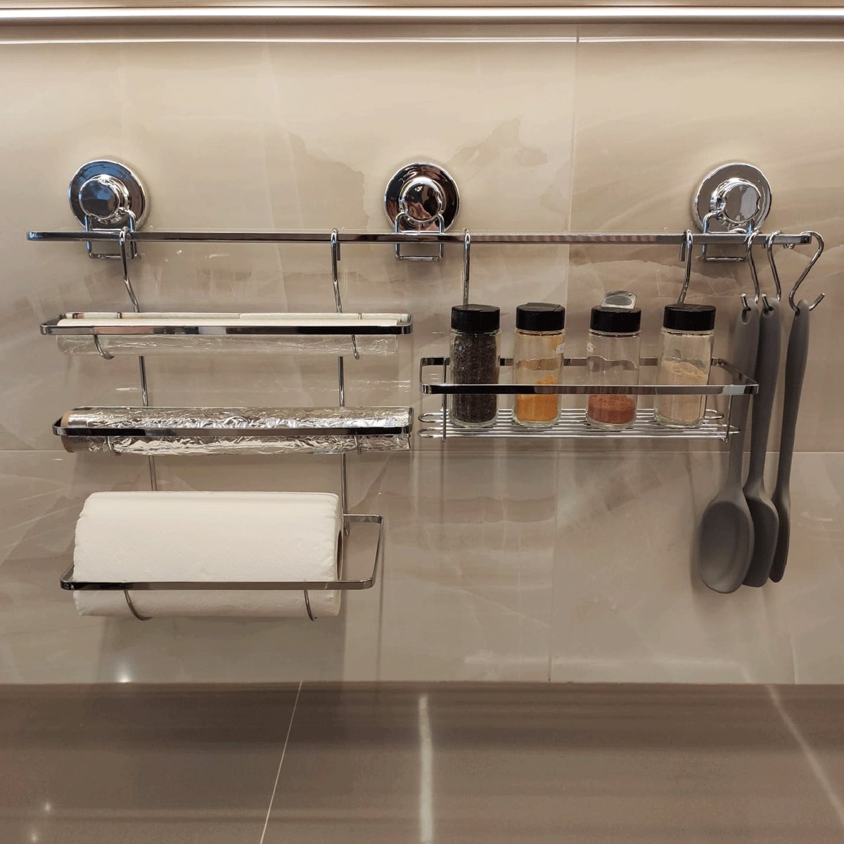 Barra com Ventosa para Pendurar Utensílios de Cozinha Suporte 70cm Aço Cromado