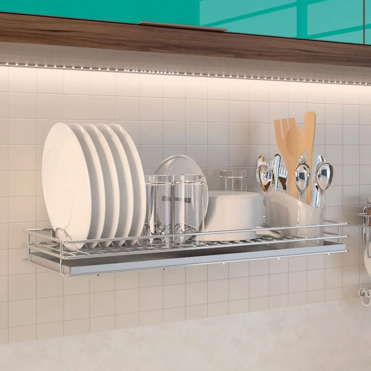 Escorredor de Louça Aéreo com Bandeja e Porta Talheres Masutti Copat em Aço Inox