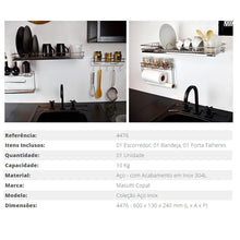 Carregar imagem no visualizador da galeria, Escorredor de Louça Aéreo com Bandeja e Porta Talheres Masutti Copat em Aço Inox
