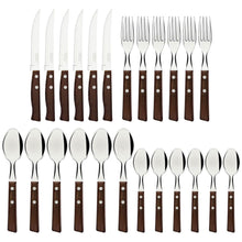 Carregar imagem no visualizador da galeria, Faqueiro Tramontina Tradicional Aço Inox e Madeira Natural Garfo Faca Colher 24 Peças
