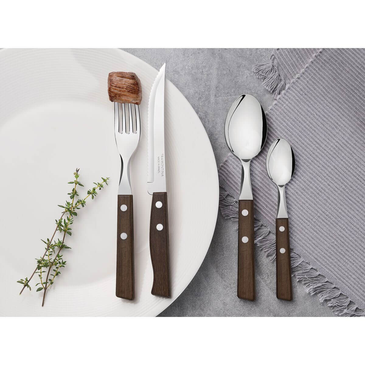 Faqueiro Tramontina Tradicional Aço Inox e Madeira Natural Garfo Faca Colher 24 Peças