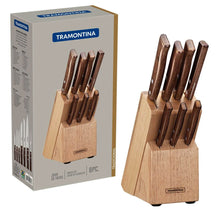 Carregar imagem no visualizador da galeria, Jogo de Facas Tramontina Tradicional Aço Inox e Madeira Natural com Suporte 8 Peças
