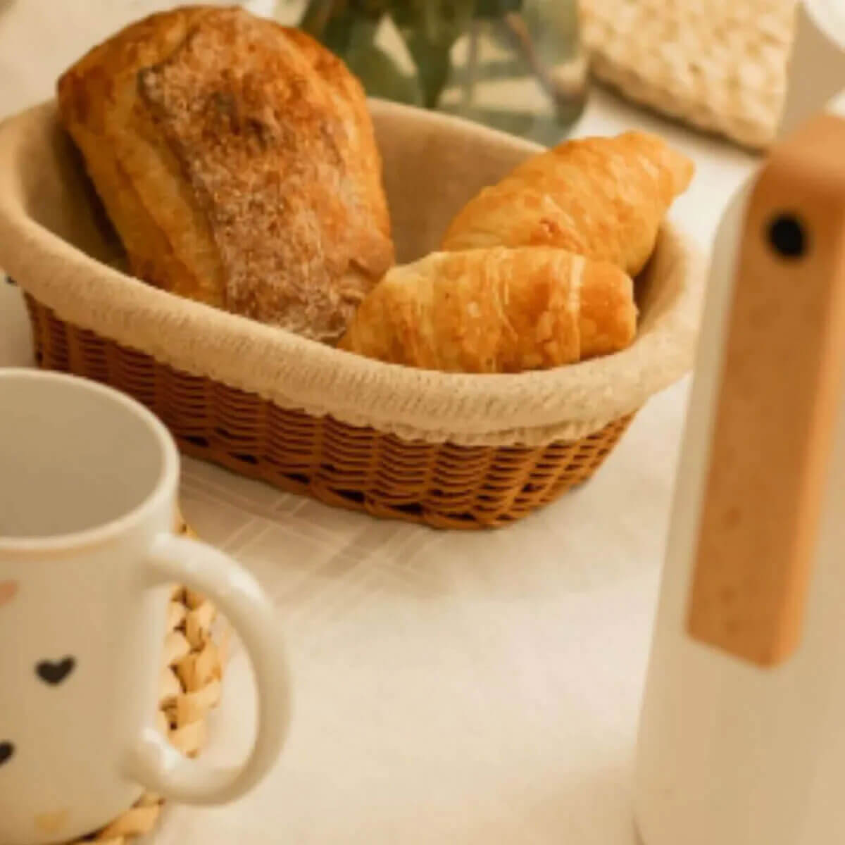 2 Cestos Porta Pão Folhados Plástico Rattan Tecido Lyor 24,5cm Mesa Posta