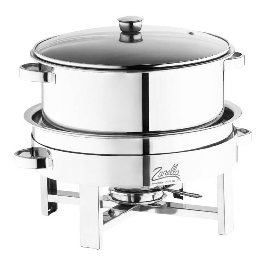 Rechaud Redondo 10L Grande Aço Inox Banho Maria Tampa de Vidro Buffet Hotel Eventos