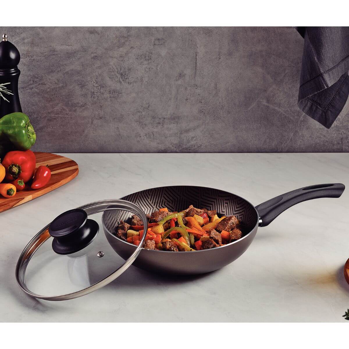 Frigideira Funda Antiaderente Tramontina Paris Alumínio Tampa Vidro 26cm Chumbo Cabo Baquelite