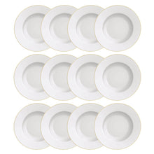 Carregar imagem no visualizador da galeria, 12 Pratos Sobremesa Branco Borda Dourada Porcelana 21cm Filetado Elisa Tramontina
