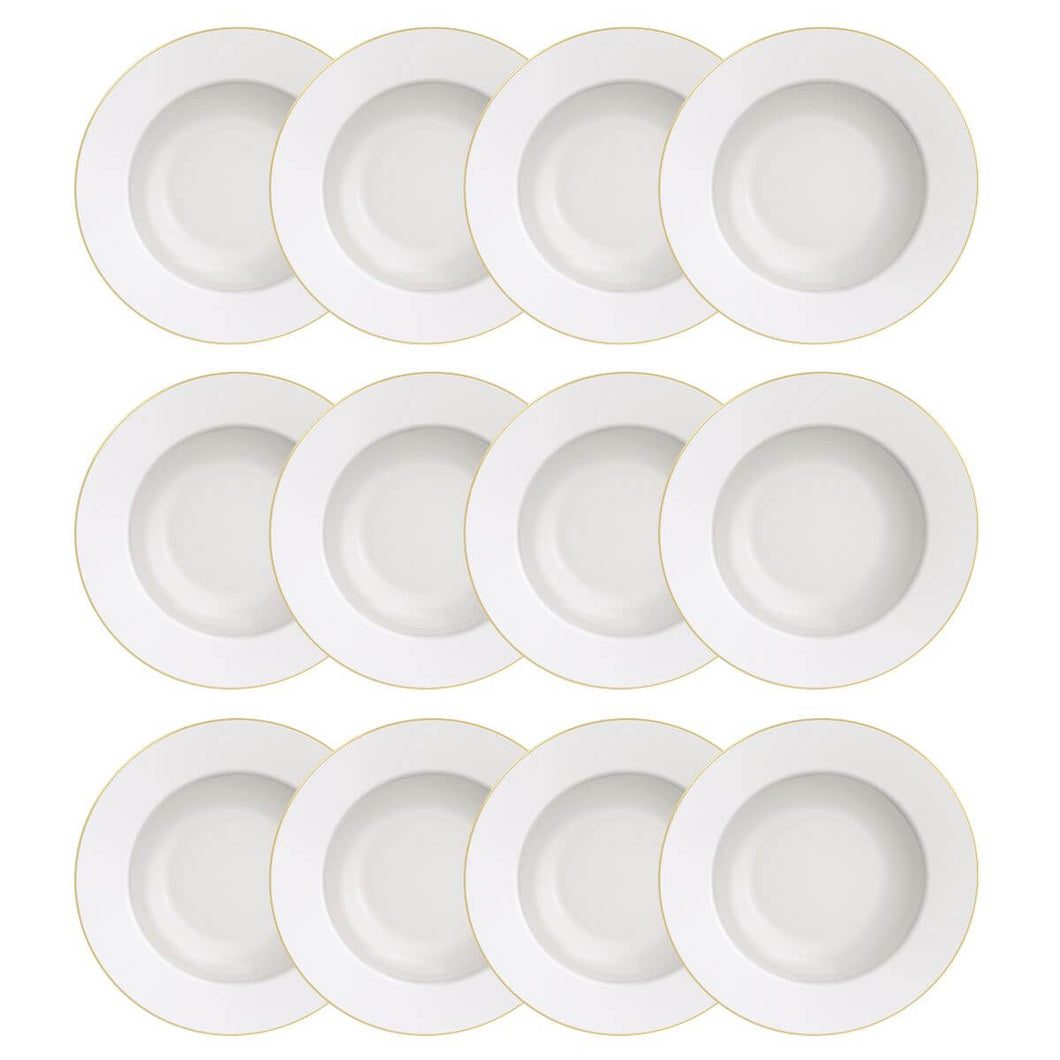 Kit 12 Pratos Fundos Branco Borda Dourada Porcelana Elisa 23cm Filetado Tramontina