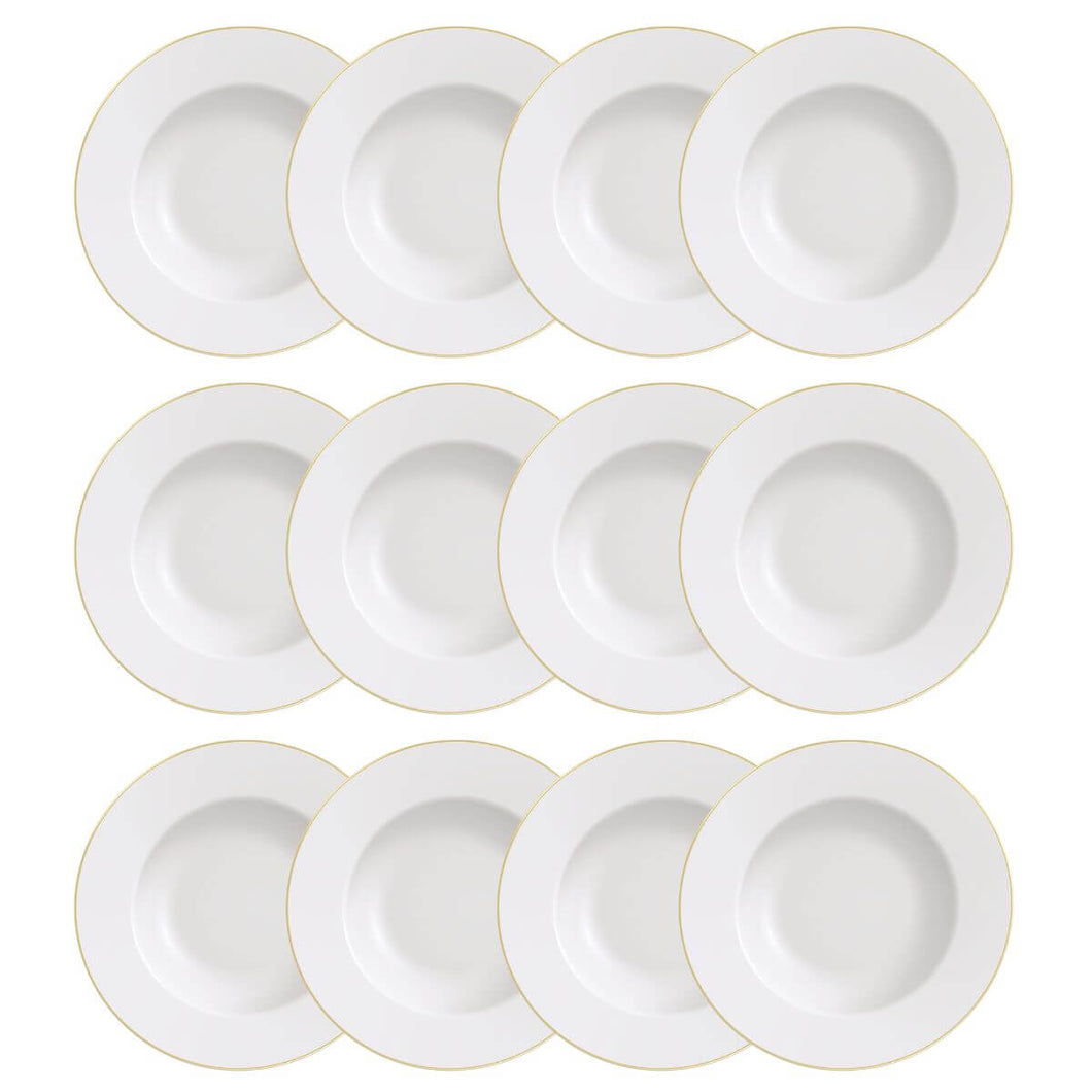 Kit 12 Pratos Rasos Jantar Branco Borda Dourada Porcelana 28cm Elisa Tramontina Aba Larga