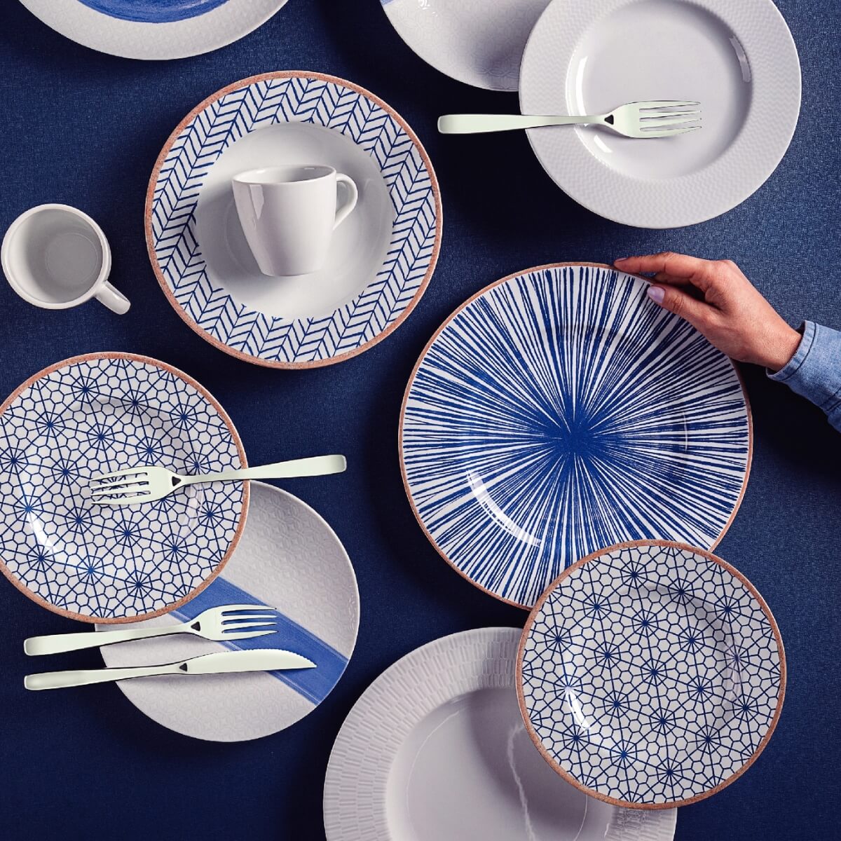 Jogo 6 Pratos Rasos Porcelana Azul 28cm Tramontina Abstratta Mesa Posta Restaurante