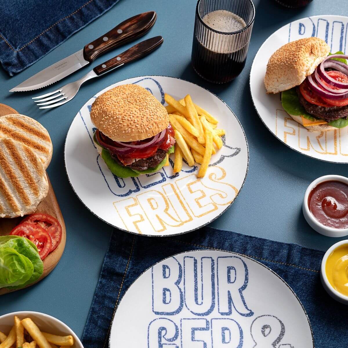 Conjunto 6 Pratos Rasos Hambúrguer Lanche Porcelana 25cm Temático Mesa Posta Tramontina Texas