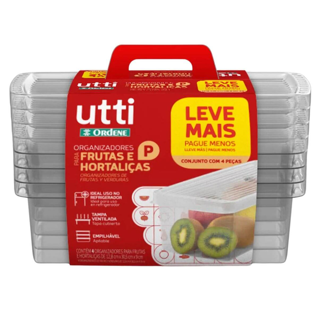 Conjunto 4 Potes Organizadores de Geladeira com Tampa Plástico Frutas e Verduras P Utti Ordene