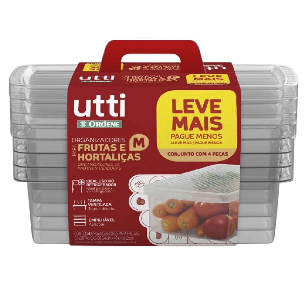 4 Potes Organizadores de Geladeira com Tampa Plástico M Frutas Verduras Hortaliças Utti Ordene