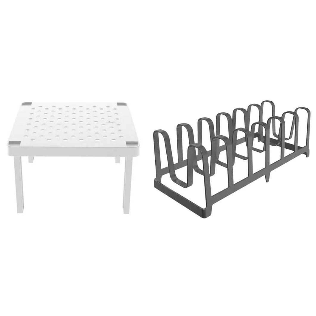 Kit Porta Tampas de Panela Chumbo e Organizador de Armários Prateleira Empilhável Branco Plástico OU