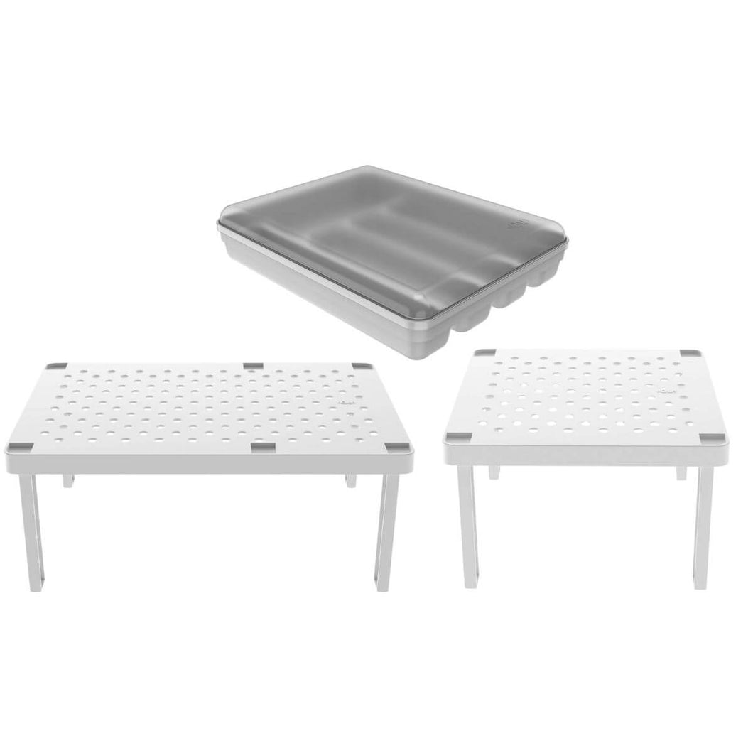 Kit Porta Talheres com Tampa e 2 Prateleiras Organizadoras para Armário OU Branco