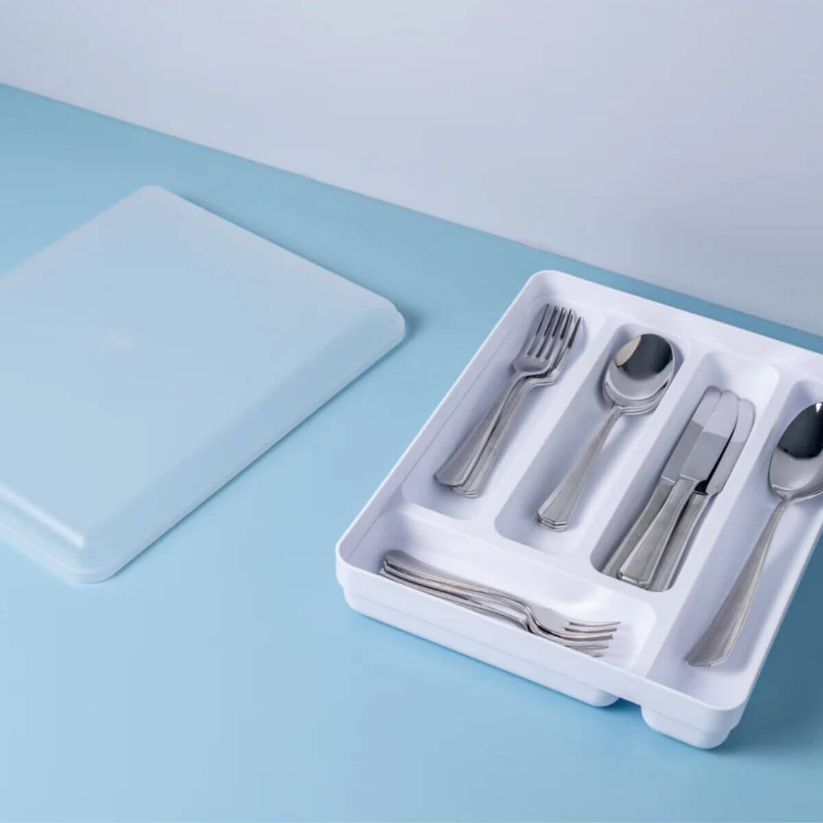 Kit Prateleira Empilhável e Porta Talheres com Tampa para Gaveta Organizador de Armário OU