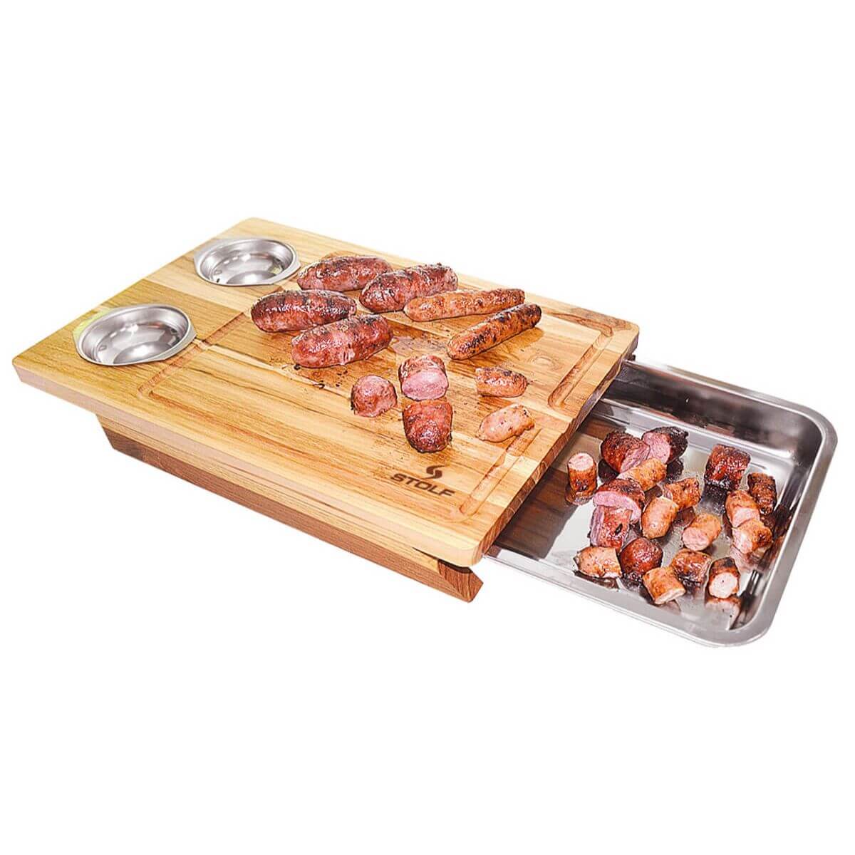 Kit 2 Tábuas de Carne Churrasco Corte Servir com Bandeja Aço Inox Madeira 44x30cm Stolf