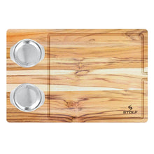 Carregar imagem no visualizador da galeria, Kit 2 Tábuas de Carne Churrasco Corte Servir com Bandeja Aço Inox Madeira 44x30cm Stolf
