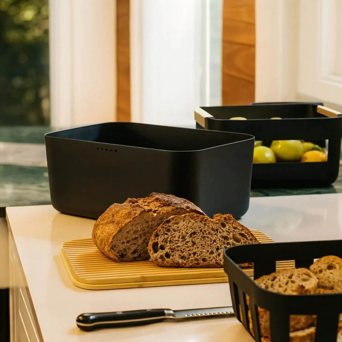 Conjunto Tábua Migalheira e Porta Pães com Tampa Bambu Preto Organizador Bolos Biscoitos Ou