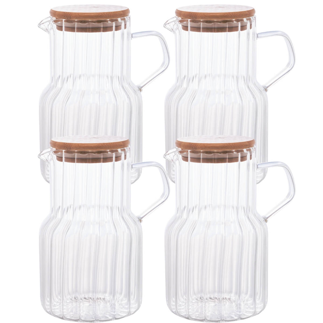 Kit 4 Jarras 1,1L Vidro Borossilicato com Tampa Bambu Servir Drink Coquetéis Sucos