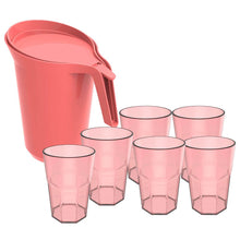 Carregar imagem no visualizador da galeria, Kit 6 Copos 400ml e Jarra Plástica com Tampa 2L Rosa Para Servir Suco Água Mesa Posta

