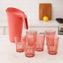 Carregar imagem no visualizador da galeria, Kit 6 Copos 400ml e Jarra Plástica com Tampa 2L Rosa Para Servir Suco Água Mesa Posta
