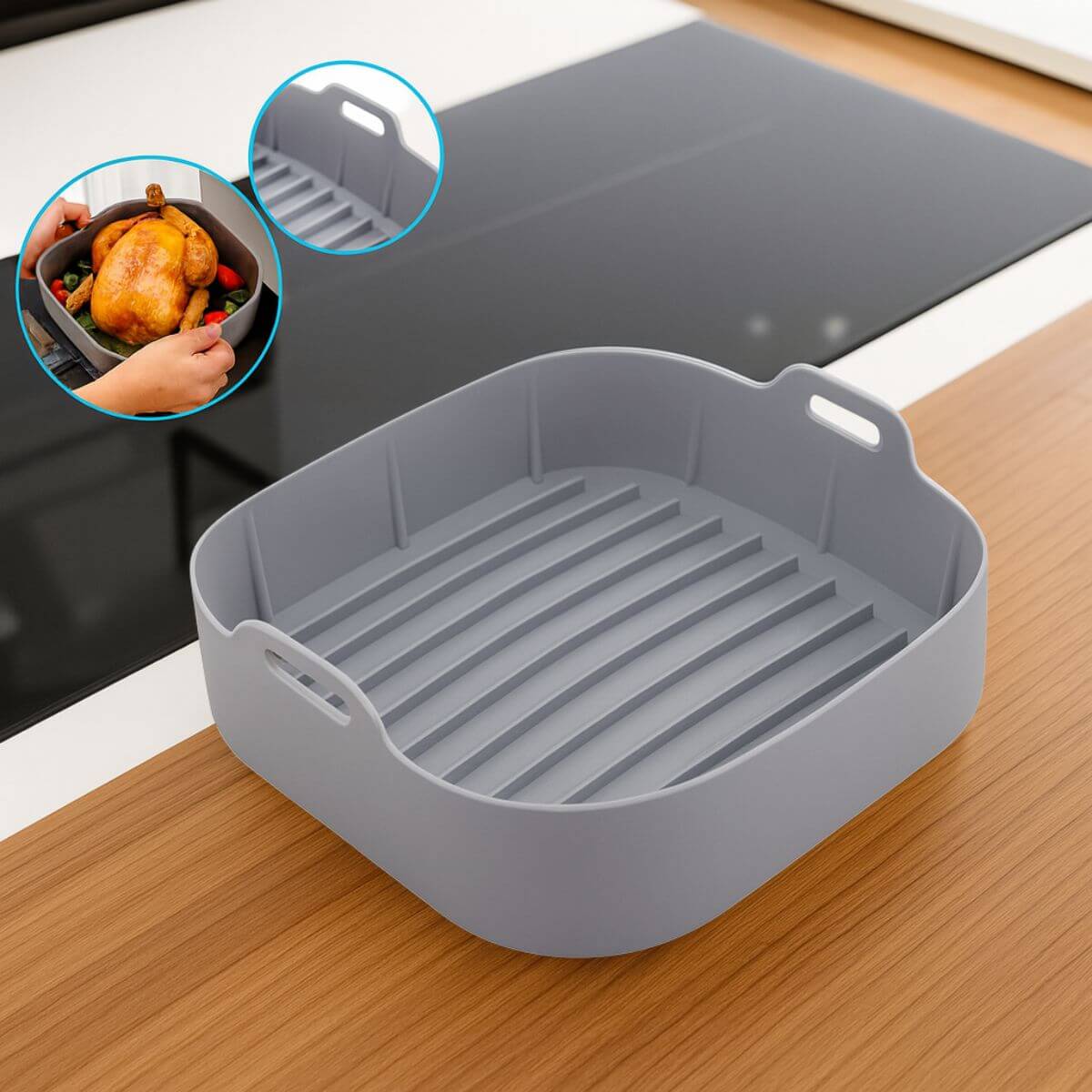 Forma Quadrada de Silicone para Air Fryer Cinza 20x7cm Lyor Reutilizável Carne Bolo