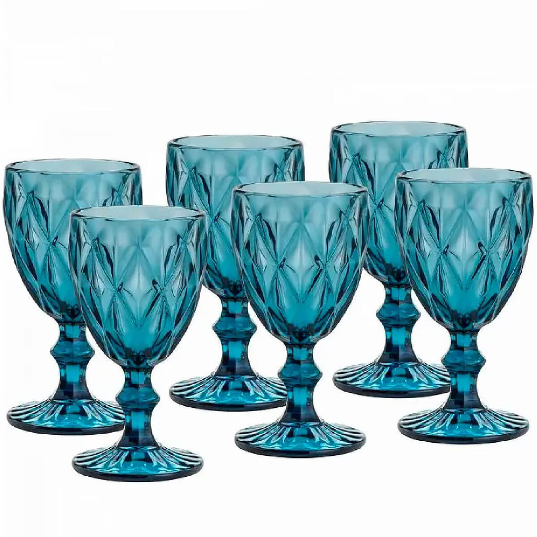 Jogo 6 Taças Diamond Azul De Vidro 350ml Diamante Água Sucos Refrigerantes