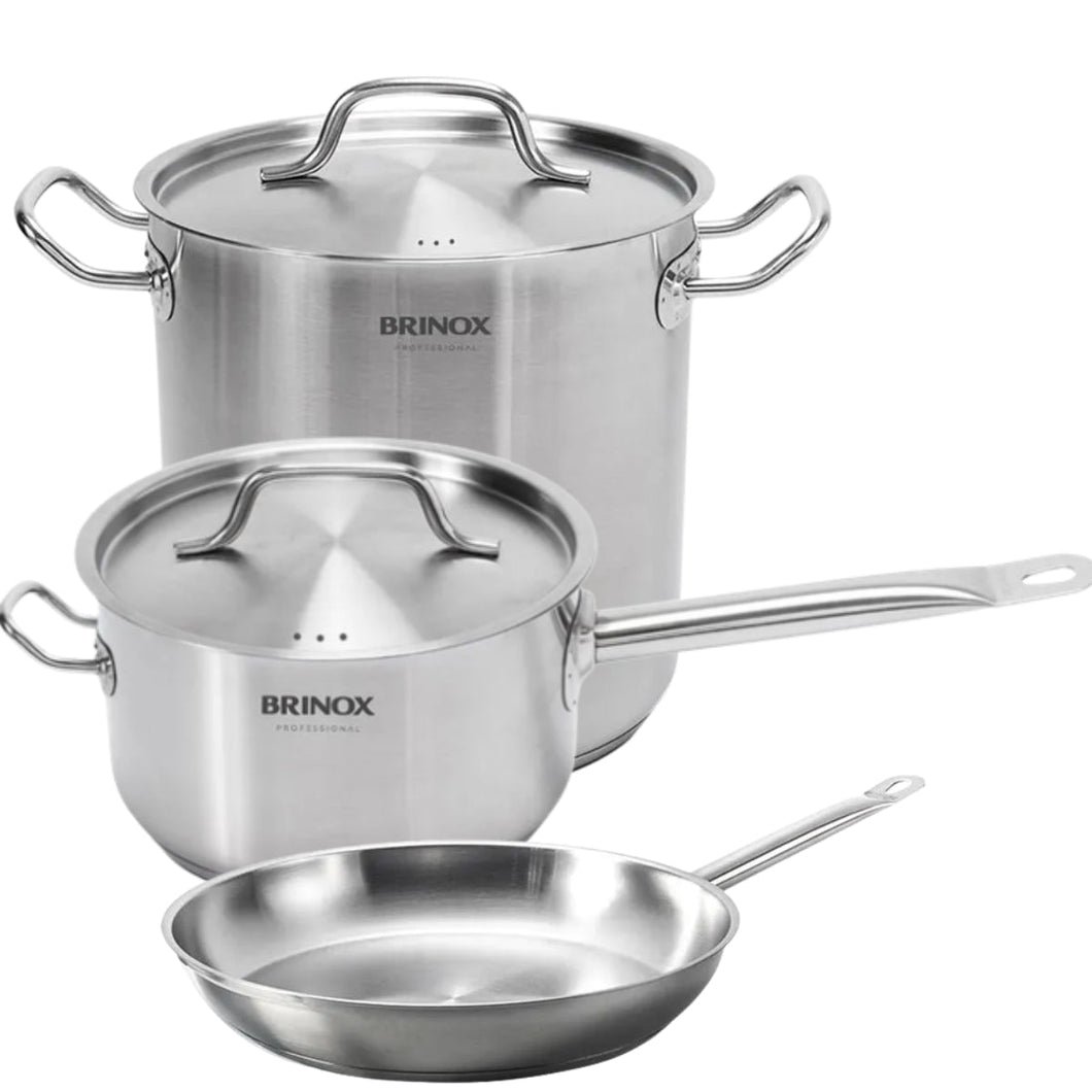 Jogo de Panelas Profissionais Inox Fundo Triplo Brinox 3 Peças 24cm Frigideira Caldeirão Caçarola