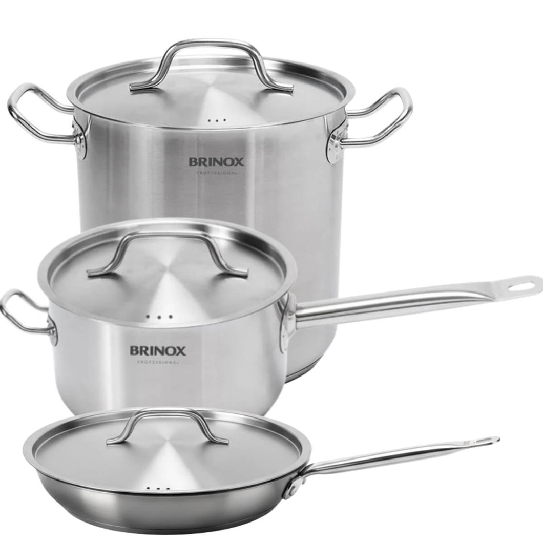 Jogo de Panelas 3 Peças Brinox Profissional Inox 24cm Fundo Triplo com Tampa Cozinha Industrial