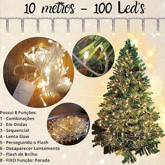 Cordão Pisca LED Branco Quente 10 Metros Bivolt – Decoração Natal
