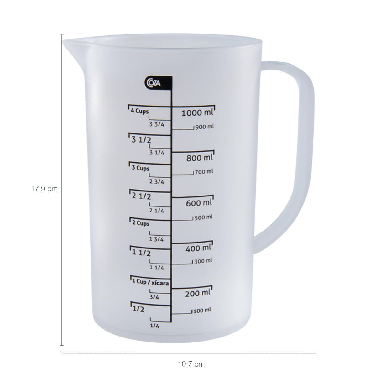 Jarra Medidora de Plástico 1 Litro Transparente Coza Cozy Cozinha Copo de Medidas